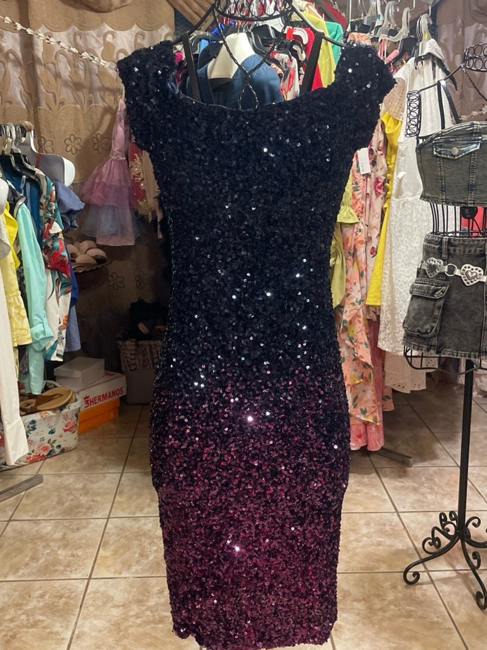 Sequin Ombre Midi Dress in Black and Deep Purple